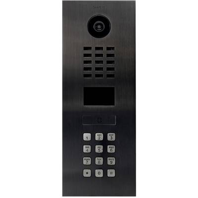 Svart porttelefon med kamera, högtalare och sifferknappssats. Kameran är placerad ovanför, under den finns högtalargaller och knappsats.