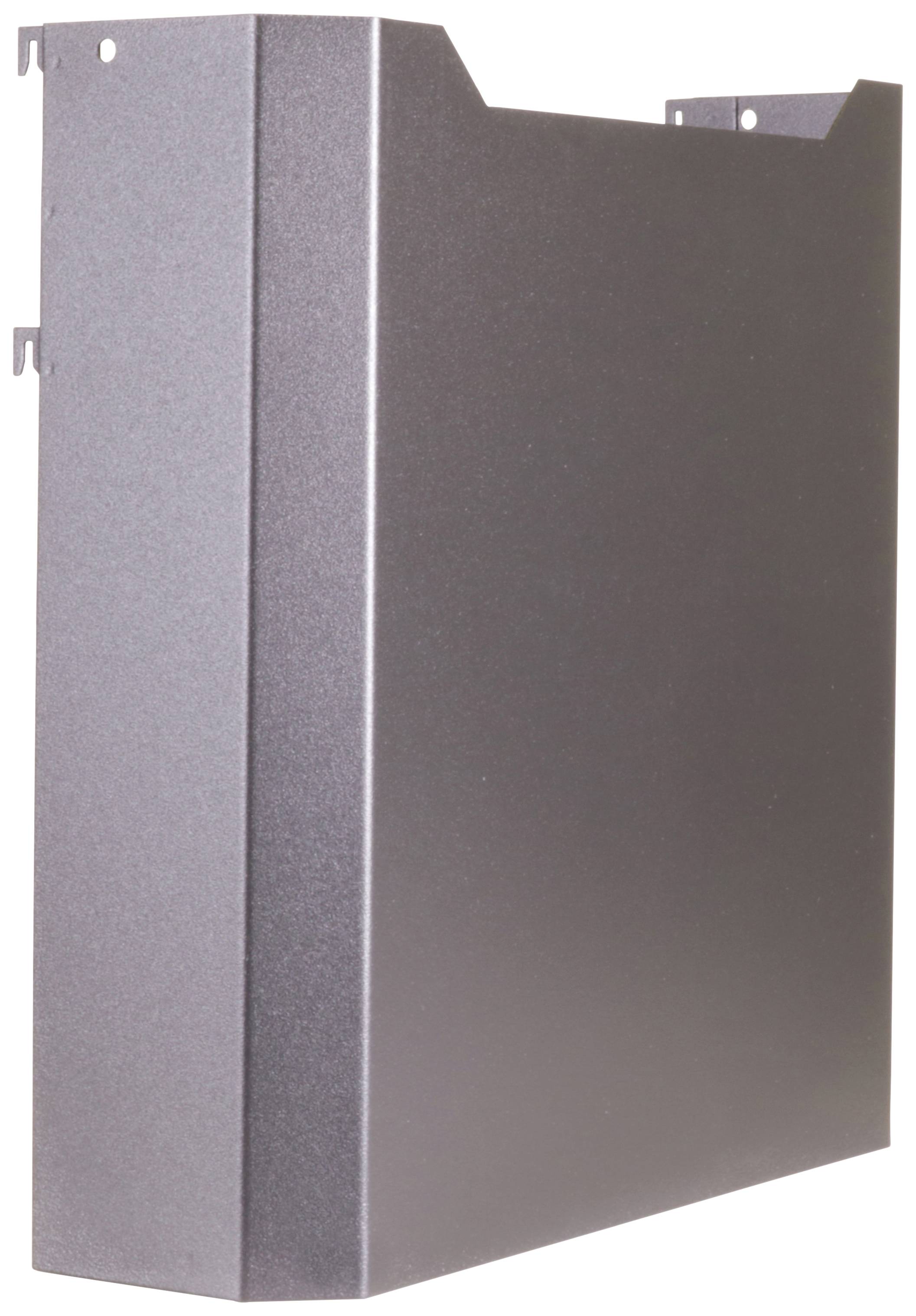 Metallfasad i mörkgrå färg. Rektangulär form med utstickande flikar överst för infästning. Lämplig för fasadapplikationer.