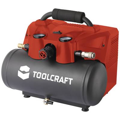 En röd och svart kompressor från märket Toolcraft med två tryckmätare och anslutningsventiler, lämplig för hemmaprojekt.