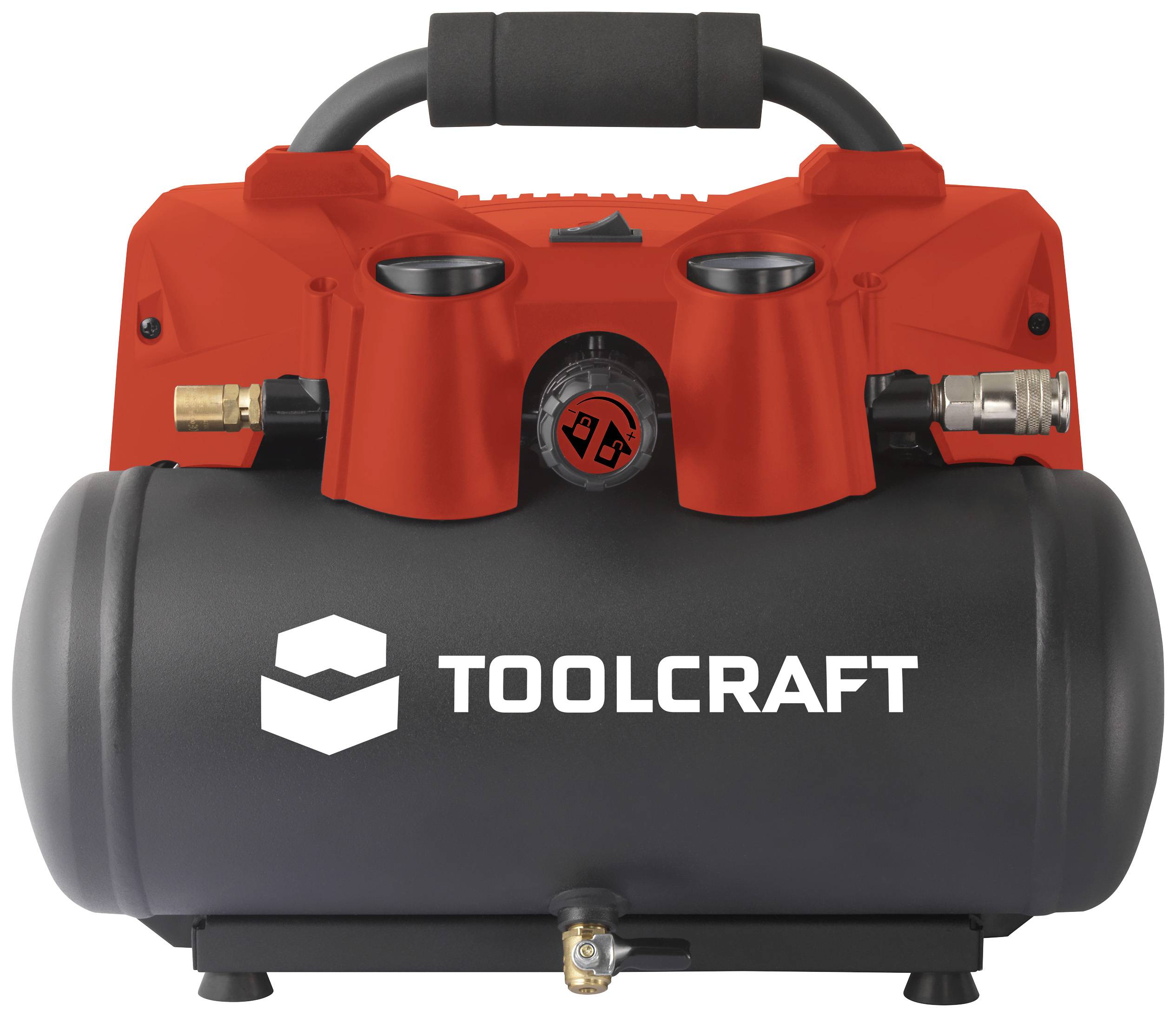 En kompakt, portabel luftkompressor från märket Toolcraft med röd överdel på höljet och svart tank, lämplig för hemmafixararbeten.