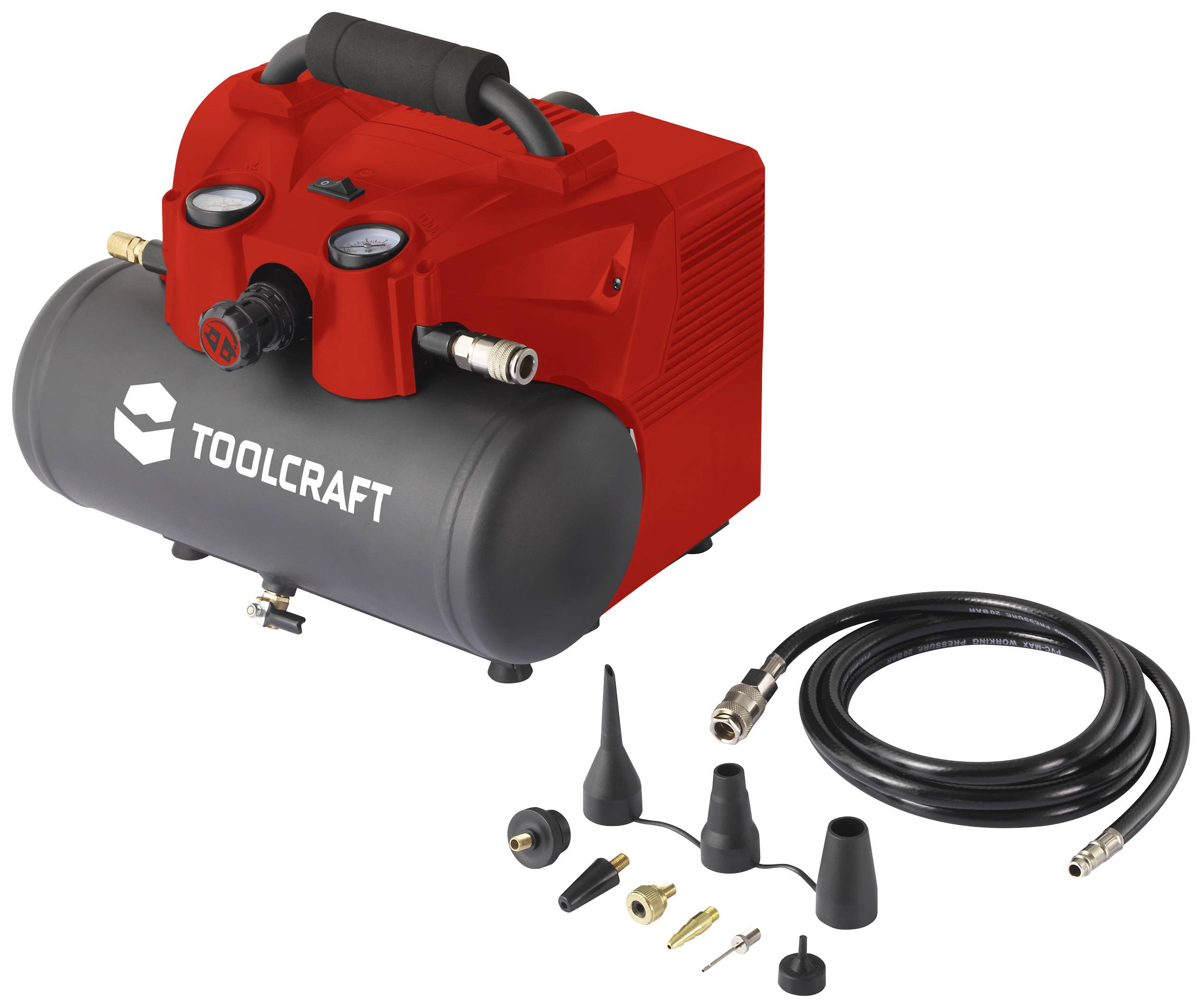 En röd kompressor med svart tank och olika tillbehör ligger bredvid en svart slang. Märke: TOOLCRAFT.