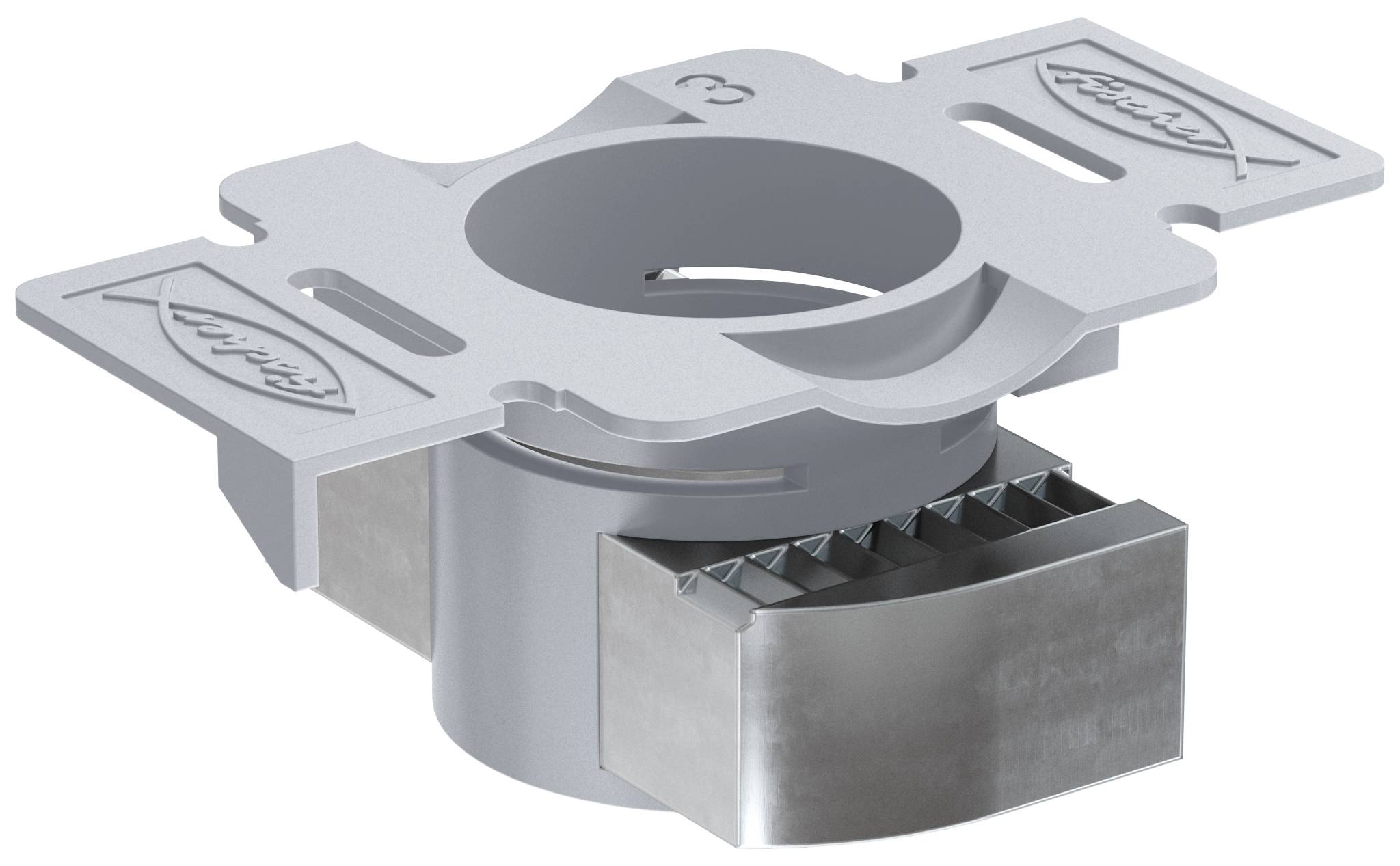 3D-rendering av en metallmekanisk del med en central cirkulär öppning, flänsat topplock, sidospår och ett rektangulärt tandblockformat fäst under.