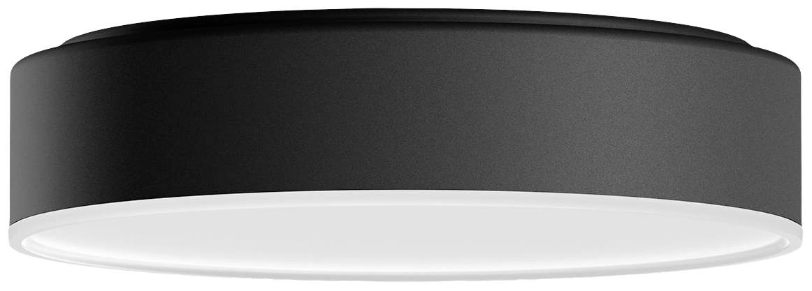 Rund taklampa, svart med vit diffusor, modern och stilren design. Perfekt för vardagsrum eller kontorsmiljöer.