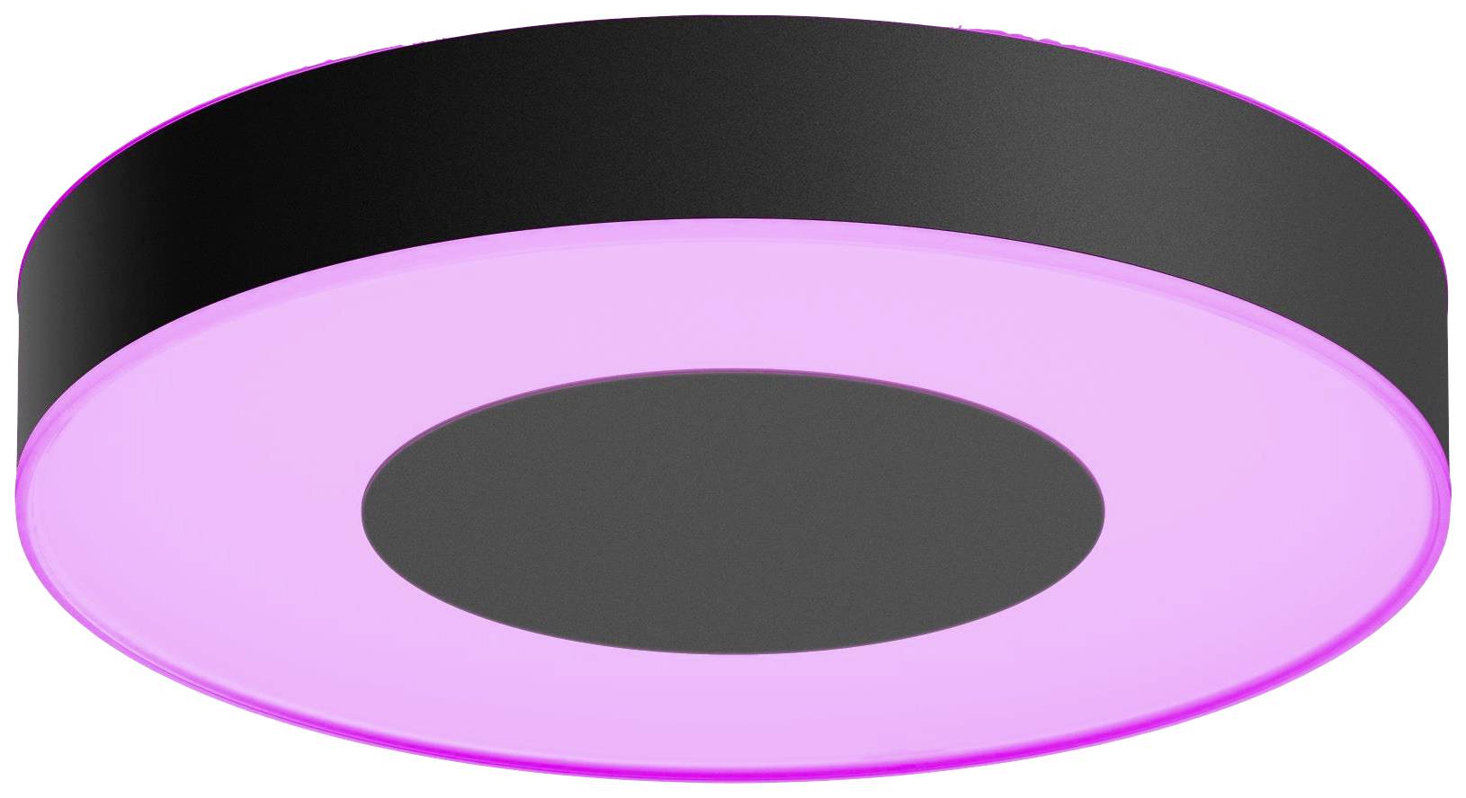 Rund taklampa med svart kant och rosa lysande ljus i mitten. Minimalistisk design.