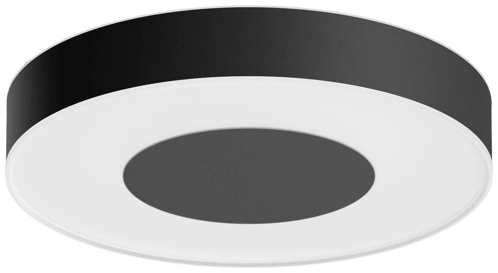 Svart och vit rund taklampa med modernt, avskalat design. Perfekt för samtida interiörer.