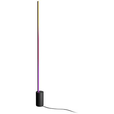 Slank, modern golvlampa med färgskiftande LED-belysning som vilar på en svart, cylinderformad bas.