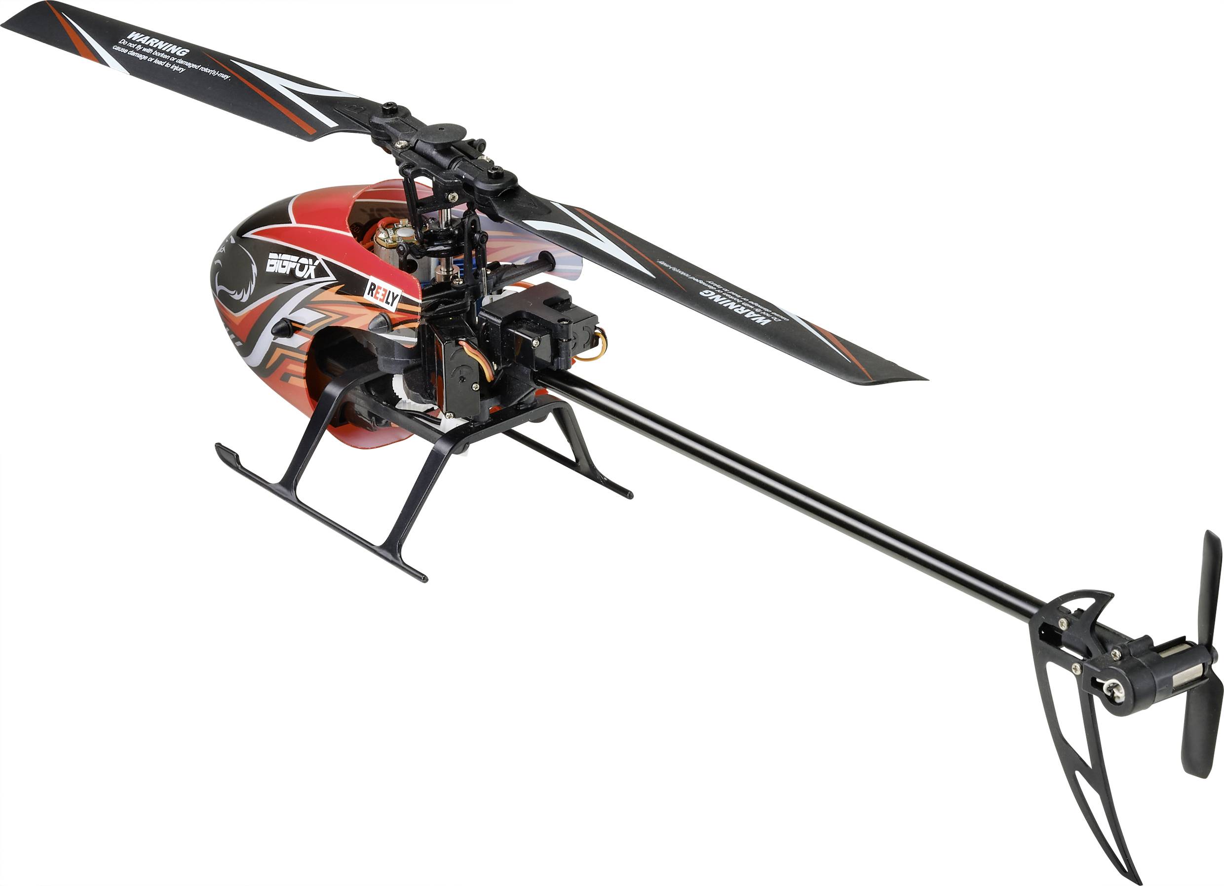 En röd radiostyrd helikopter med svarta och vita mönster, lämplig för modellflyg och hobbyentusiaster.
