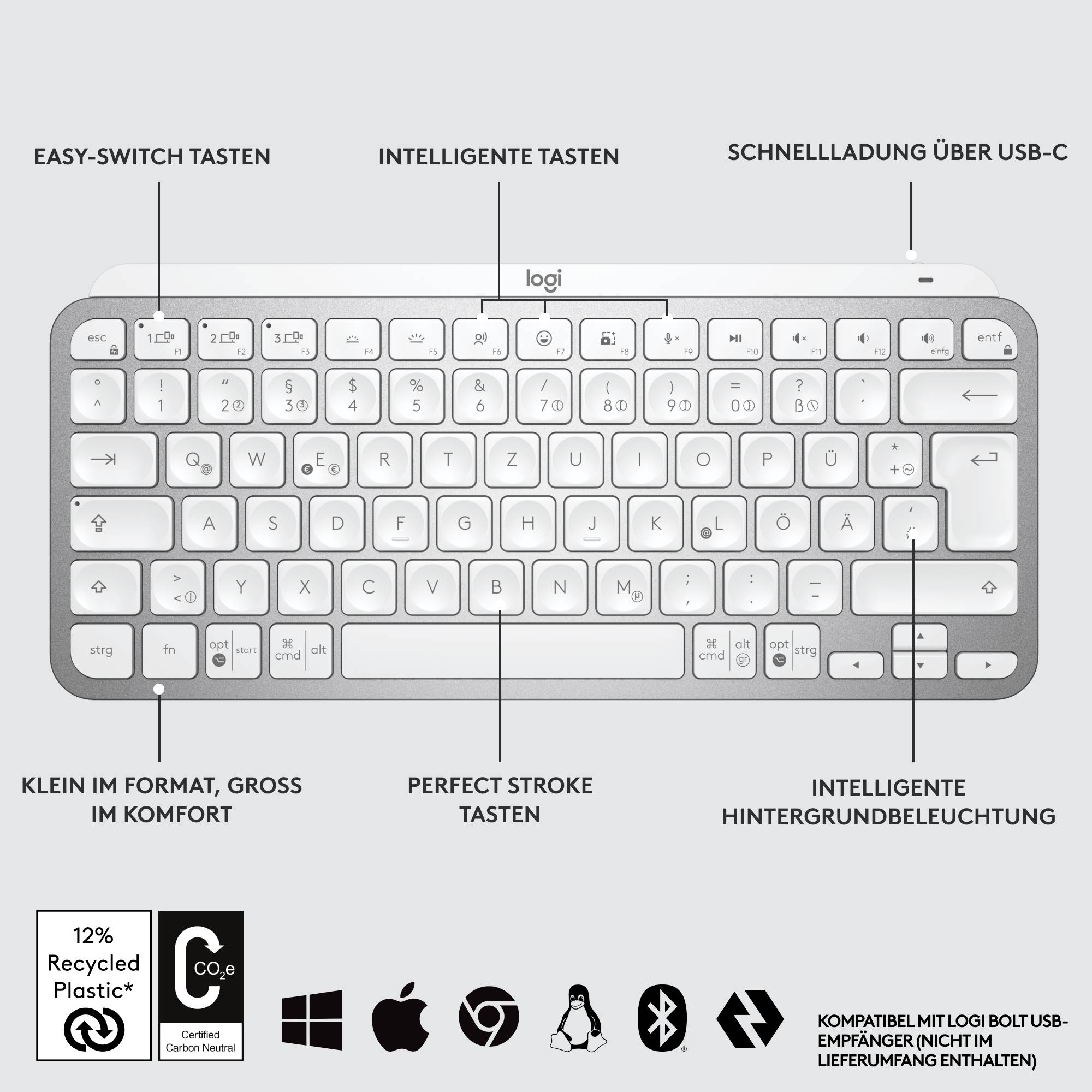 Trådlöst tangentbord med Easy-Switch-knappar, intelligent bakgrundsbelysning och snabb USB-C-laddning. Hållbart design.