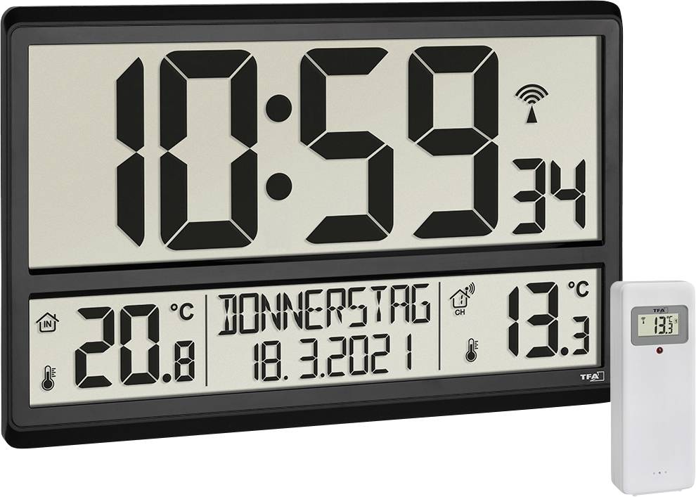 Digital väggklocka visar 10:59, datum 'Torsdag 18.3.2021', rumstemperatur 20,8°C, utomhus 13,3°C. Inkluderar fjärrkontroll.