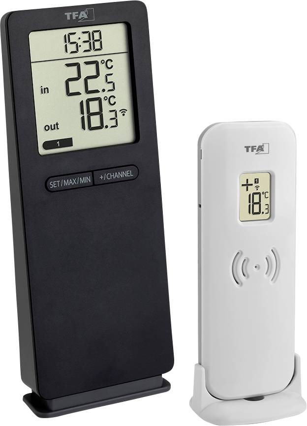 Två digitala termometrar. Till vänster: Stor display med inomhus- (22,5°C) och utomhustemperatur (18,3°C), tid (15:38). Till höger: Liten utomhussensorenhet (19,8°C).