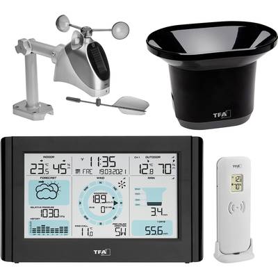 Digital väderstation med skärm som visar temperatur, luftfuktighet och vindhastighet. Utegivare och regnmätare ingår.
