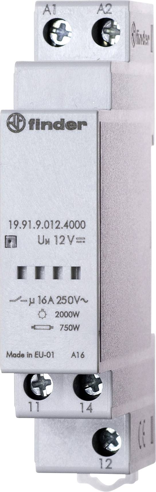 Ett reläer med skruvkontakter, spänning 12V, strömstyrka 16A, modellnummer 19.91.9.012.4000, märke Finder.