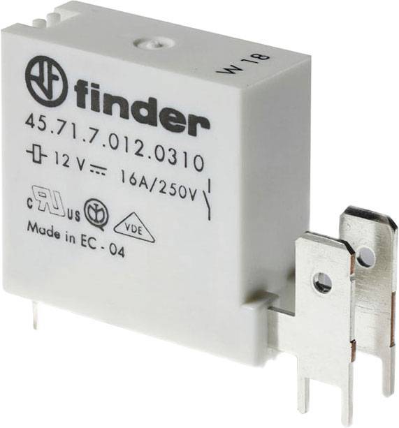 Relä med märkning '45.71.7.012.0310', 12 V, 16A/250V. Varumärke Finder, tillverkad i EC, modell W18. Elektronikkomponent.