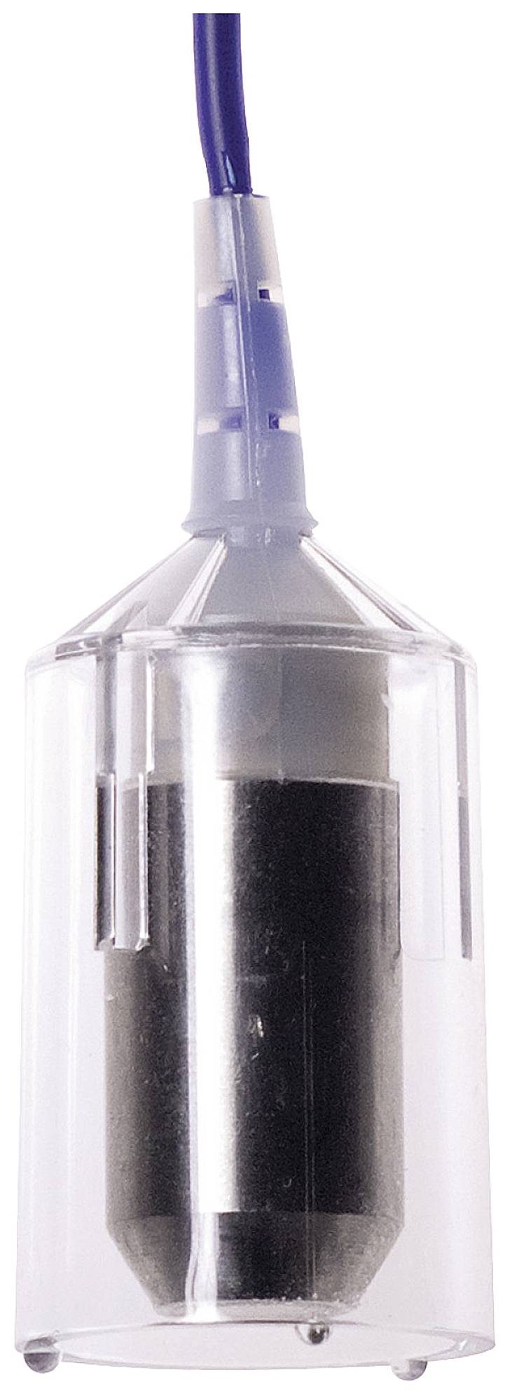 En transparent behållare med en svart innercylinder och en blå kabelanslutning på ovansidan, sannolikt en teknisk apparat.