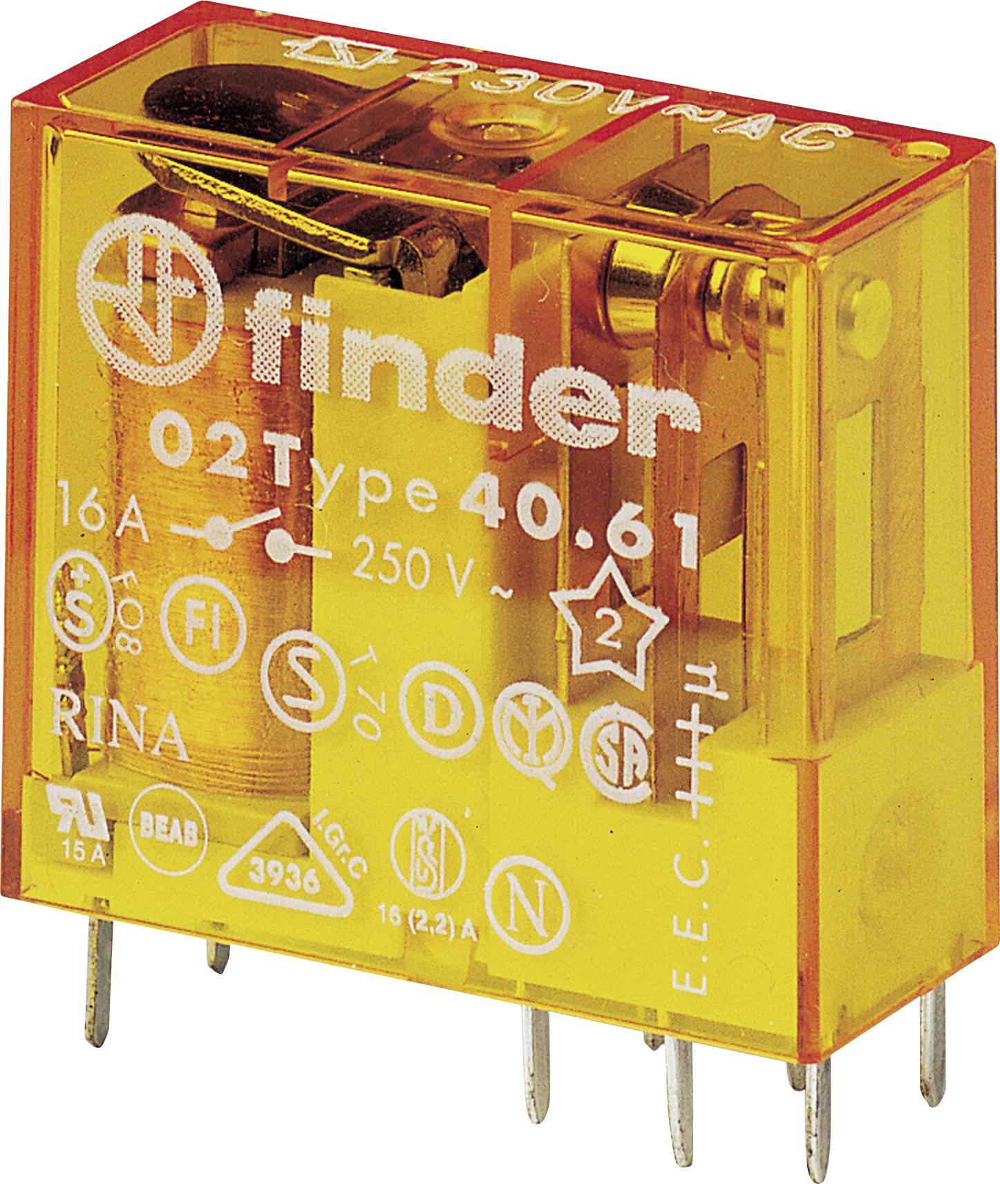 Gult reläer av typ 'Finder 40.61', dimensionerat för 16A och 250V, med olika certifieringssymboler på ytan.