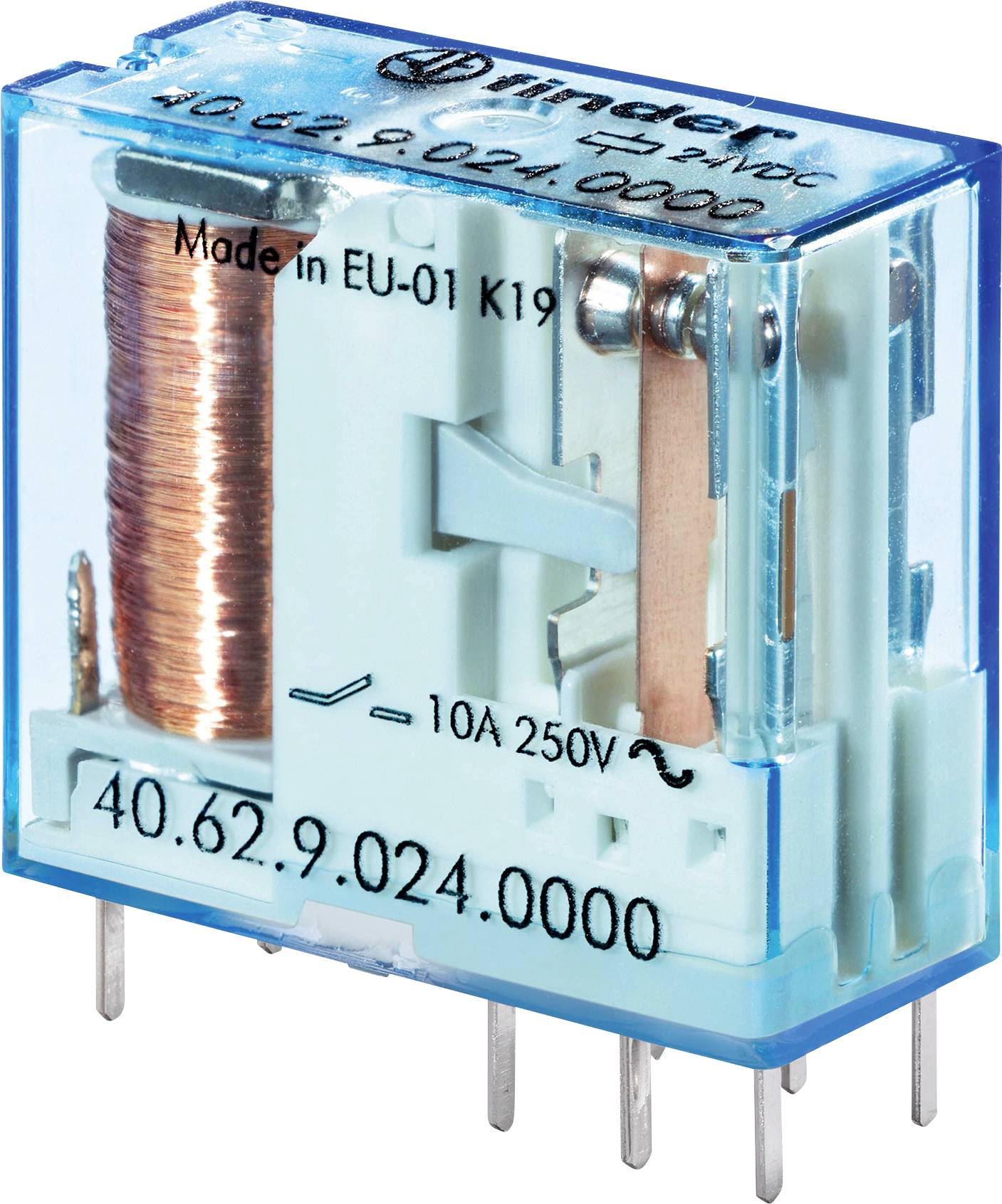 Litet blått relä med synbar kopparspole, märkt '10A 250V~', lämpligt för elektroniska kretsar, tillverkat i EU.