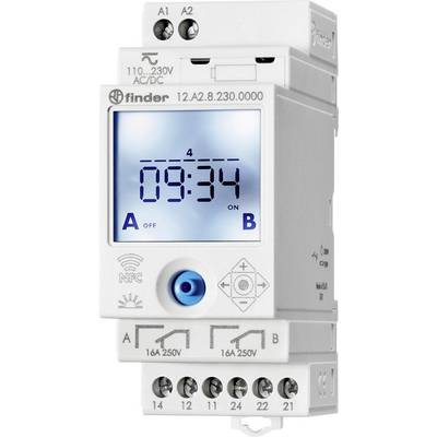 En elektronisk timer med display visar '09:34'. Enheten har knappar för inställningar och är avsedd för 110-230V AC/DC.