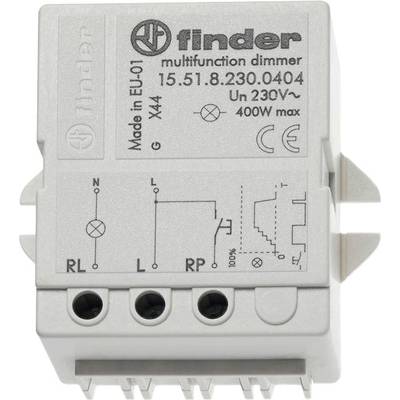 En multifunktionell dimmer från Finder, modell 15.51.8.230.0404, lämplig för upp till 400W. Anslutningar märkta RL, LL, RP.