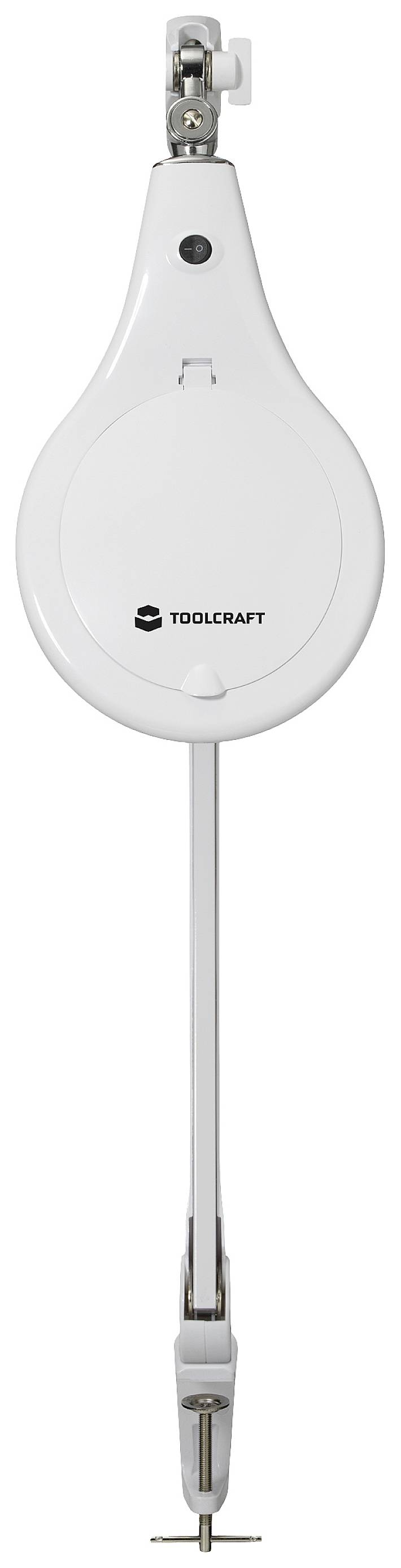 En vit, oval elektrisk motor från Toolcraft med en upphängning överst och två metallklamrar nedtill.