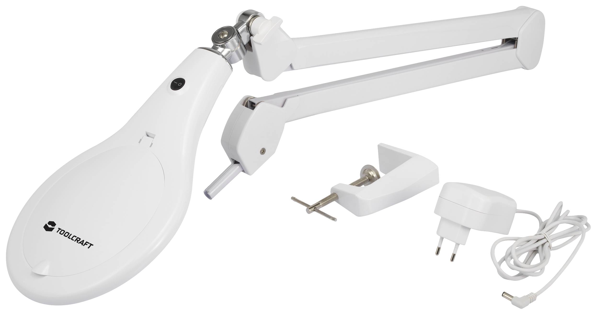 Lampa med justerbar arm, bordsklämmfäste och nätadapter, redo för montering.
