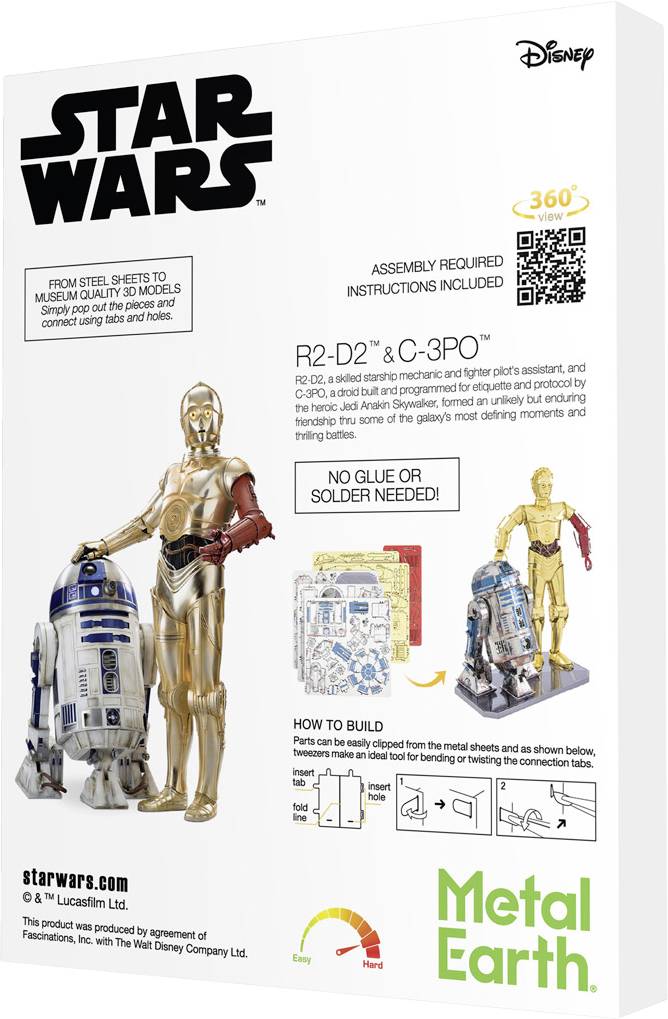 Star Wars-modellbyggsats från Metal Earth visar droiderna R2-D2 och C-3PO. Ingen lim eller lödning krävs. Monteringsanvisning ingår.