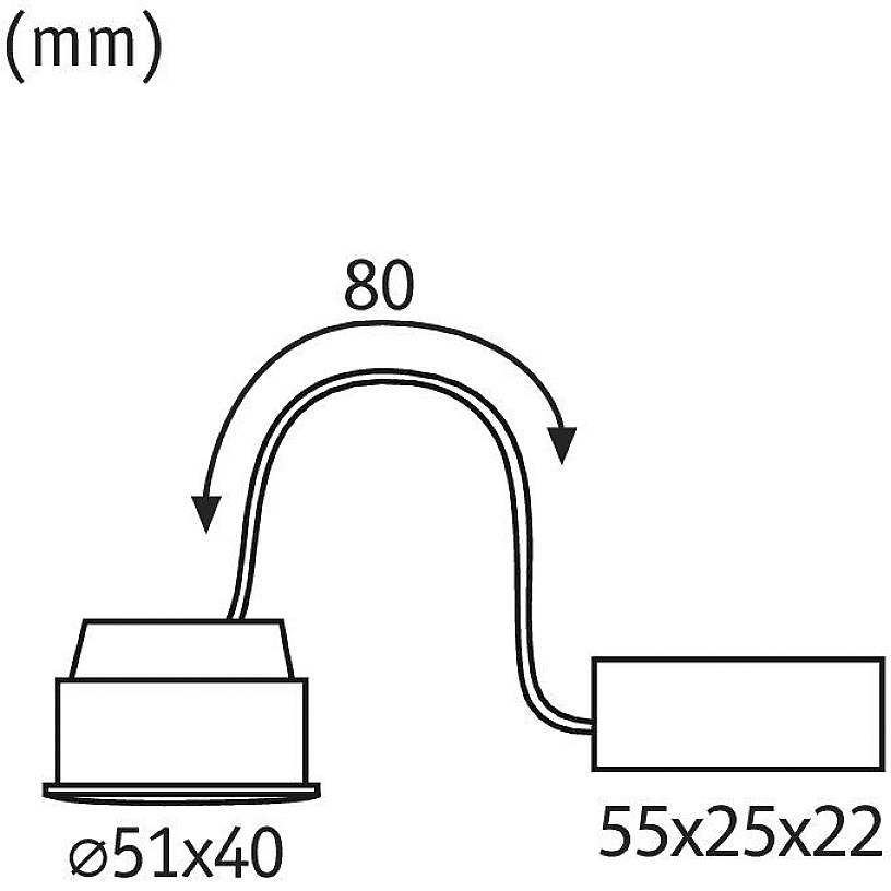 Konstruktionsritning av ett rör med två anslutningar: Ø51x40 mm vänster, 55x25x22 mm höger, längd 80 mm, pilriktning från vänster till höger.