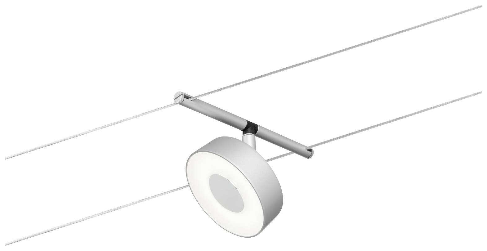 En modern, rund pendellampan hänger i två kablar. Lampan är vit och ger en samtida, minimalistisk stil.