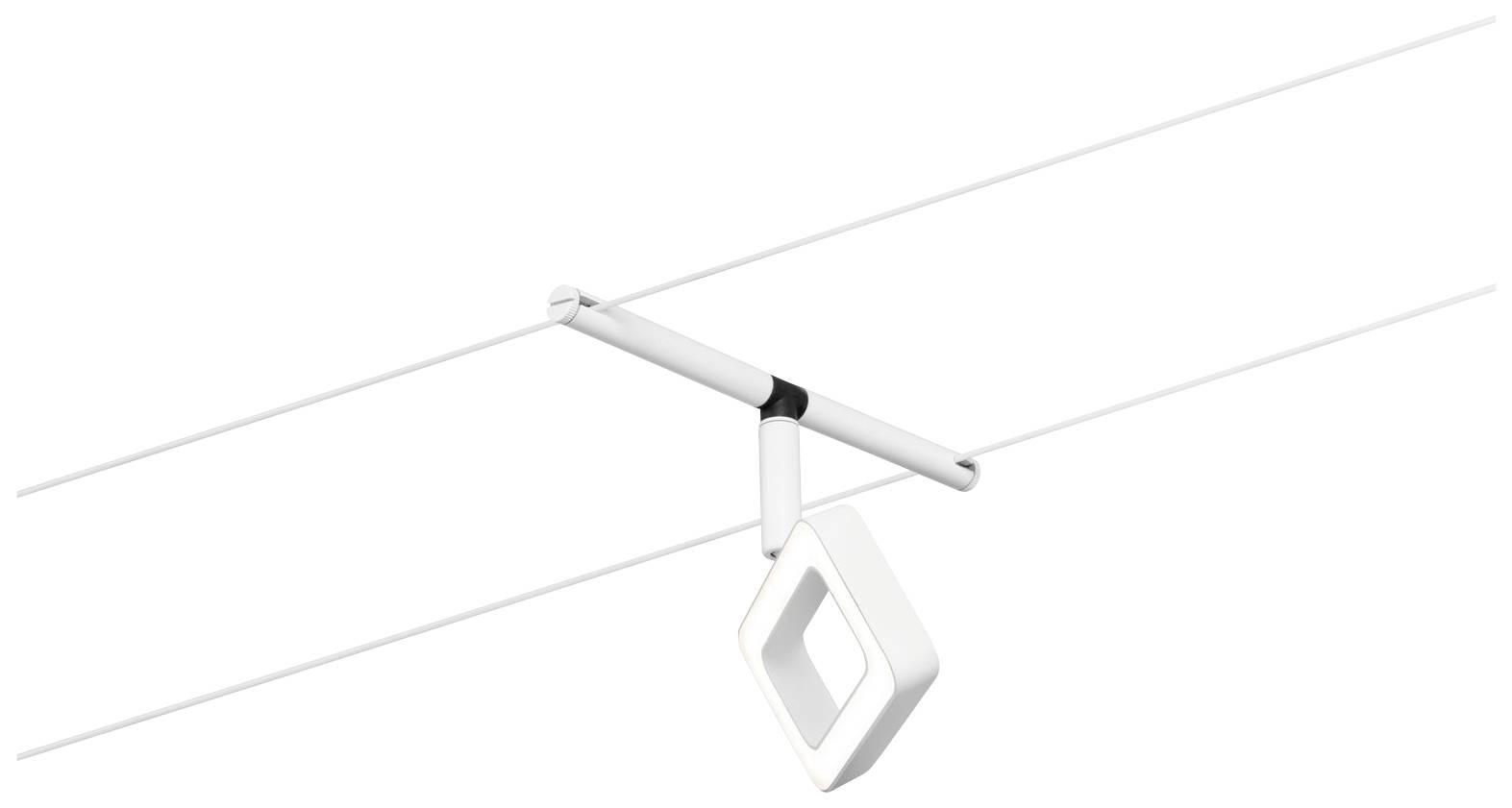 Elektrisk kabelskena med modernt, kvadratiskt belysningselement i vitt. Minimalistisk design, lämplig för interiörer.