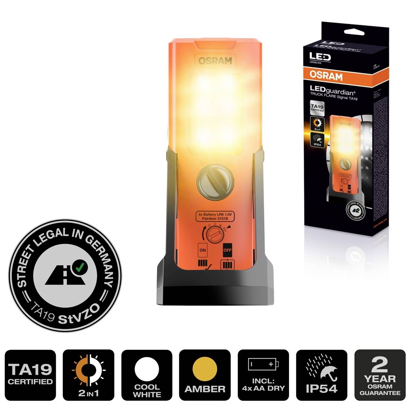 En bärbar LED-lampa från OSRAM, modell 'LEDguardian'. Den är avsedd för användning i bil, erbjuder svalt och bärnstensfärgat ljus och är godkänd för vägtrafik i Tyskland.