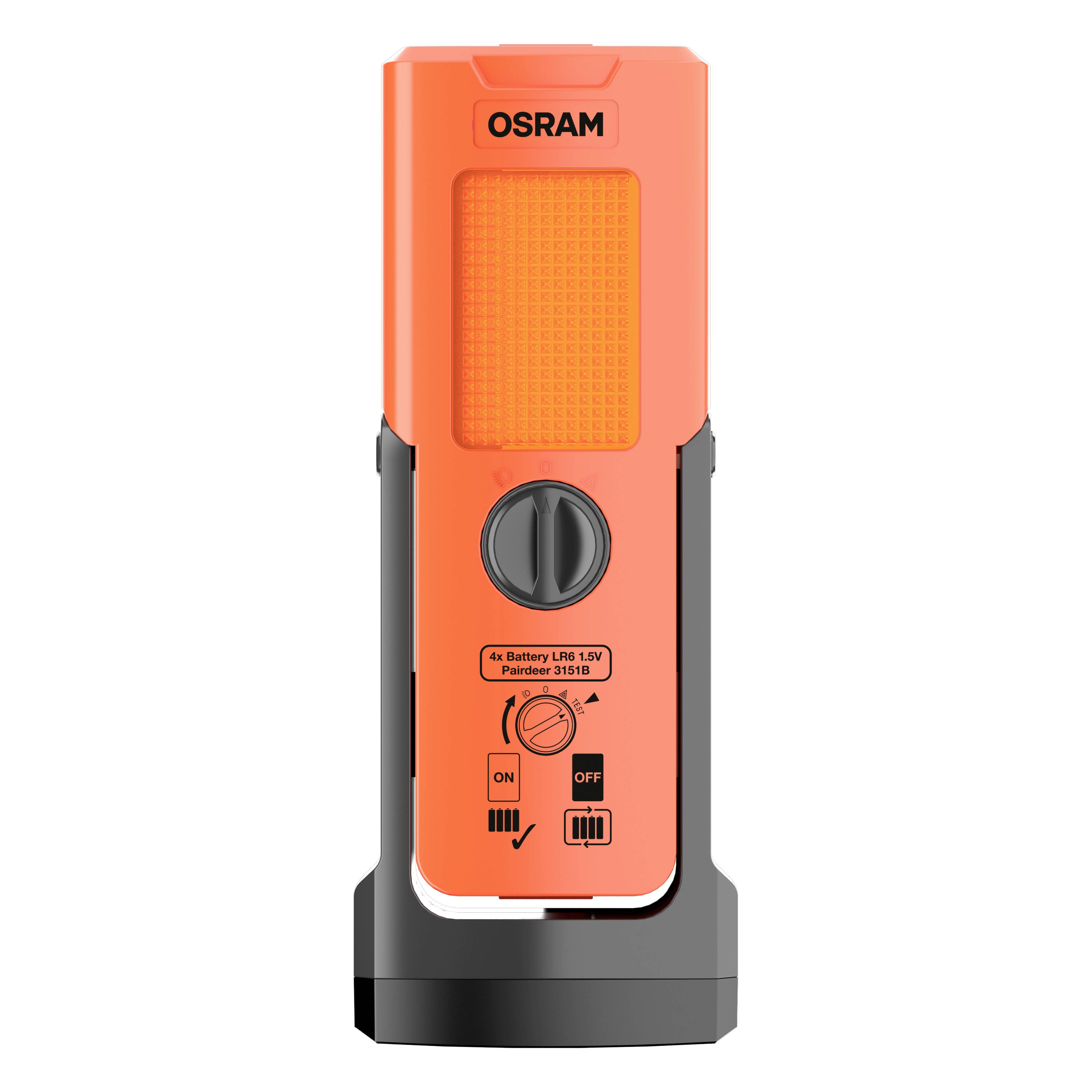 Oranges, bärbar LED-belysningsenhet från OSRAM med på/av-knapp, batterifack och stativ. Perfekt för mobila användningsområden.