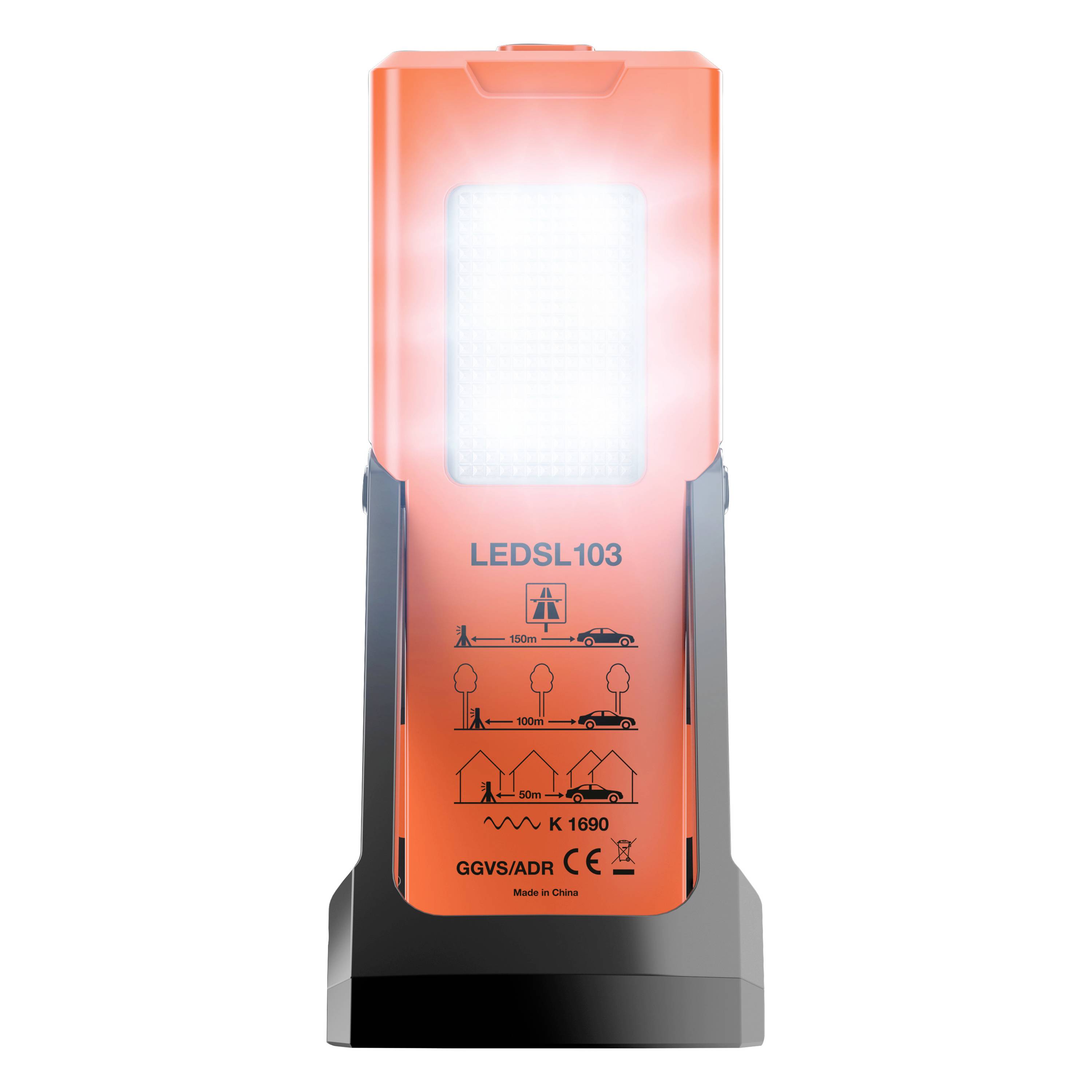 En orange, bärbar LED-säkerhetsljusmodell 'LEDSL103' med piktogram, som används som varningsljus.