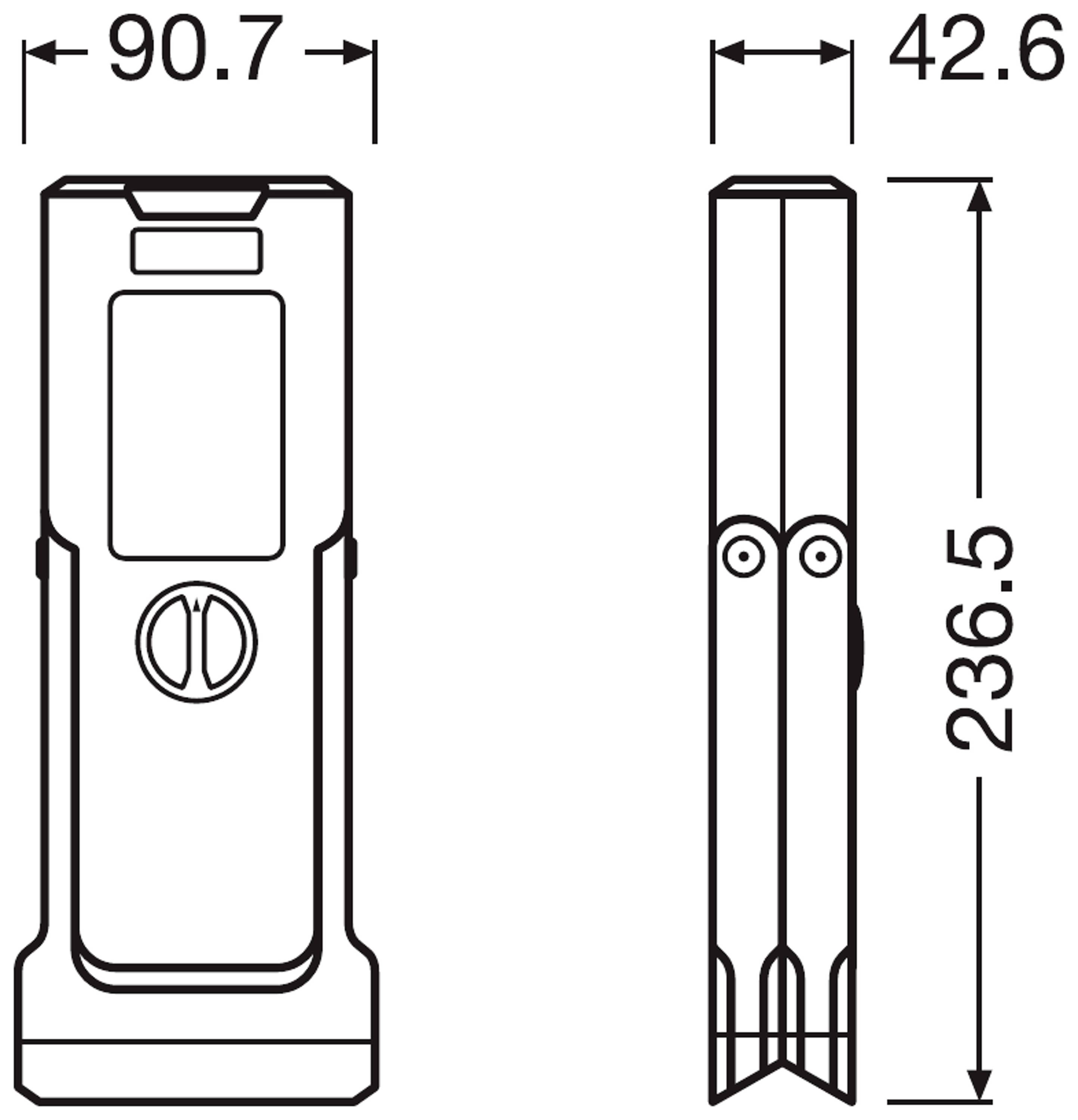 Teknisk ritning av en rektangulär enhet med mått: höjd 236,5 mm, bredd 42,6 mm, längd 90,7 mm, med centrerad knapp.