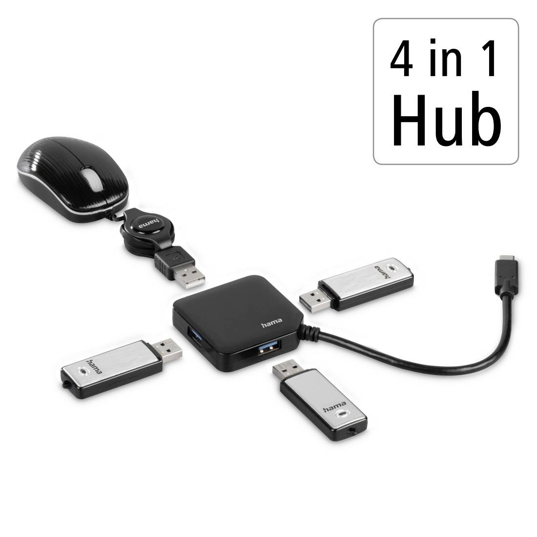 'En svart datormus och fyra silverfärgade USB-stickor är anslutna till en hama 4-in-1 USB-hubb.'