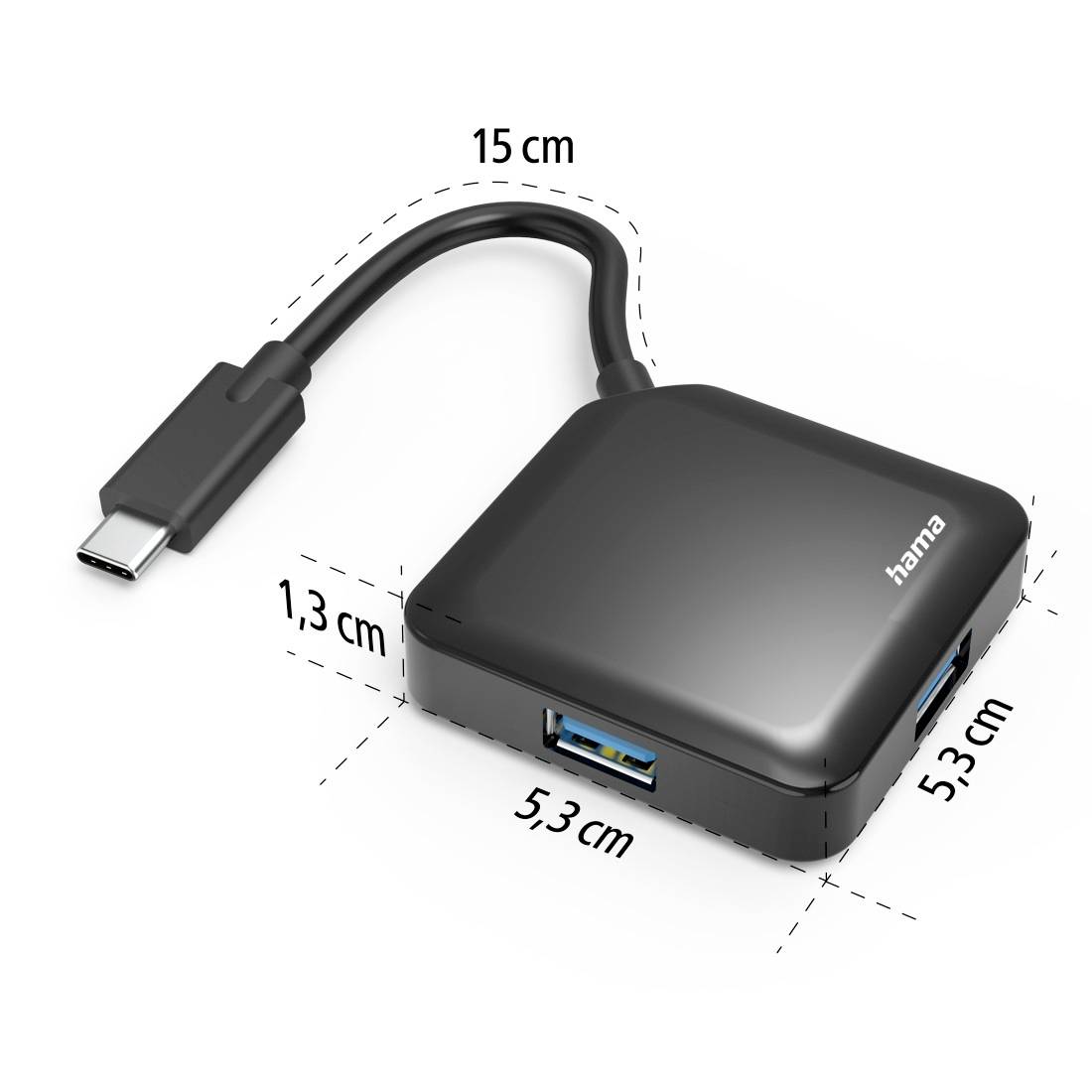 Svart USB-hubb med måtten 5,3 cm x 5,3 cm x 1,3 cm och en kabel på 15 cm längd. Märkt med 'hama'. Innehåller en USB-port.