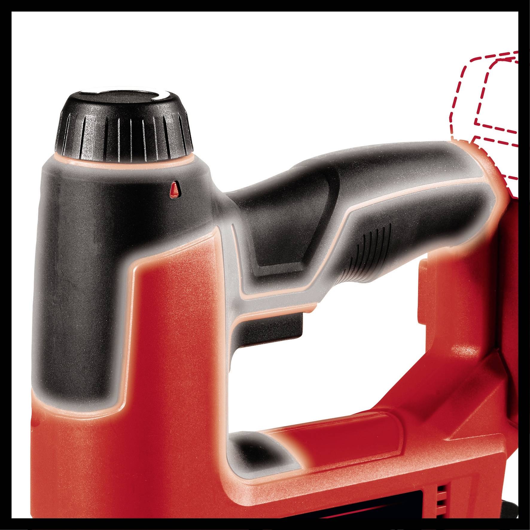 Elektriskt handverktyg med ergonomiskt grepp, rött och svart, för bygg- eller hemmafixararbeten.