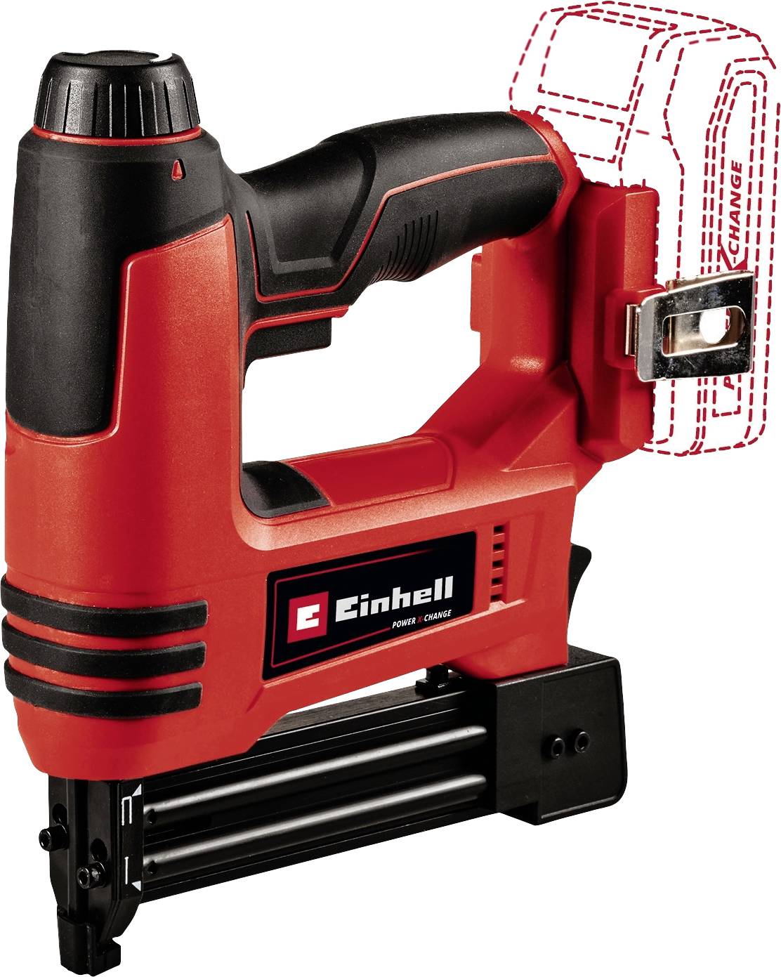 En röd, sladdlös häftpistol med svart handtag och logotyp 'Einhell', lämplig för hushålls- och DIY-projekt. Utrustad med ett löstagbart batteri.