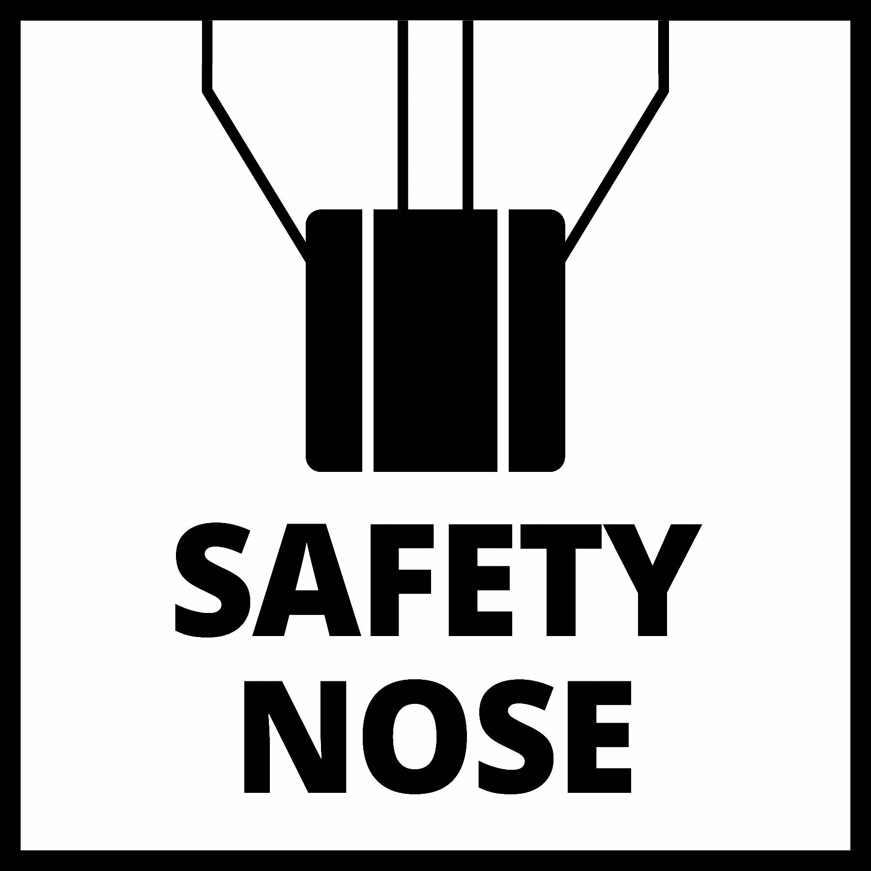 En symbol visar en lyftmekanism med påskriften 'SAFETY NOSE', troligen en varnings- eller säkerhetsanvisning.