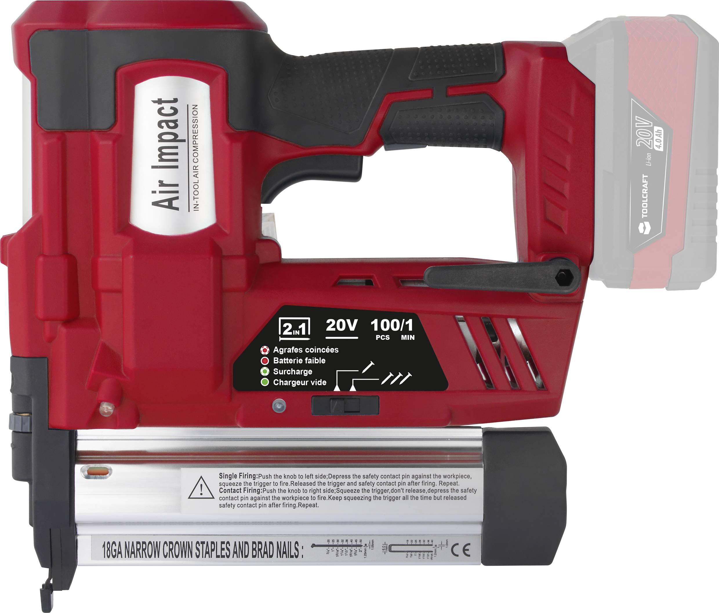 En röd batteridriven spikpistol märkt 'Air Impact'. Den har ett 20V batteri, en kapacitetsindikator och är lämplig för häftklamrar och spik.