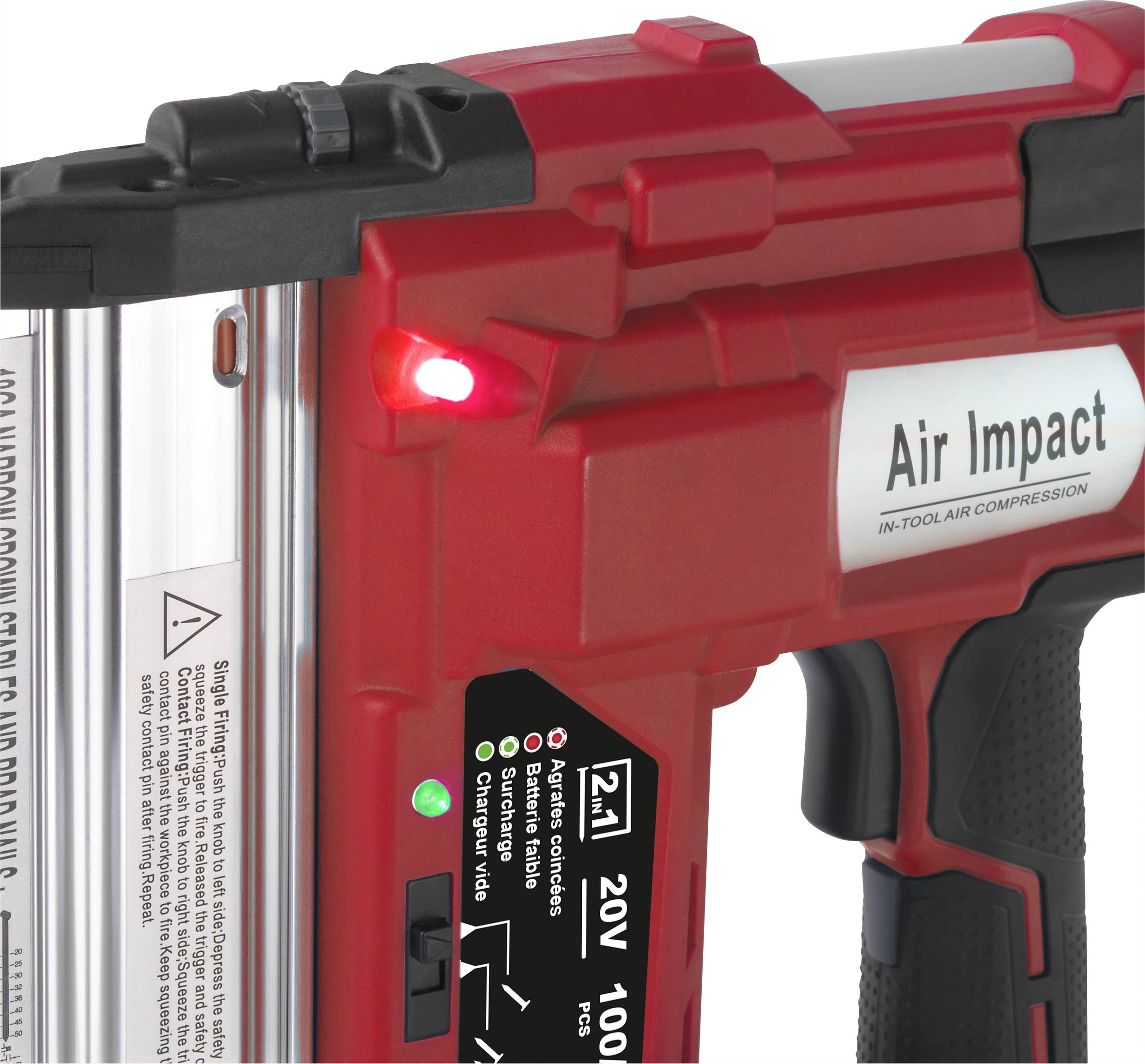 Ett rött tryckluftsdriven spikverktyg med texten 'Air Impact', lysande LED-indikator visar driftklarhet.