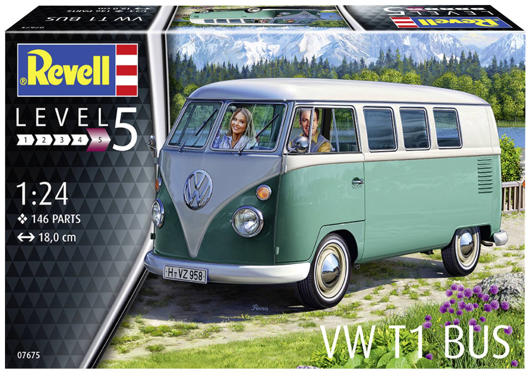 En modellbyggsats från Revell för en VW T1 buss i skala 1:24, 146 delar, mot en bakgrund med berg och äng.