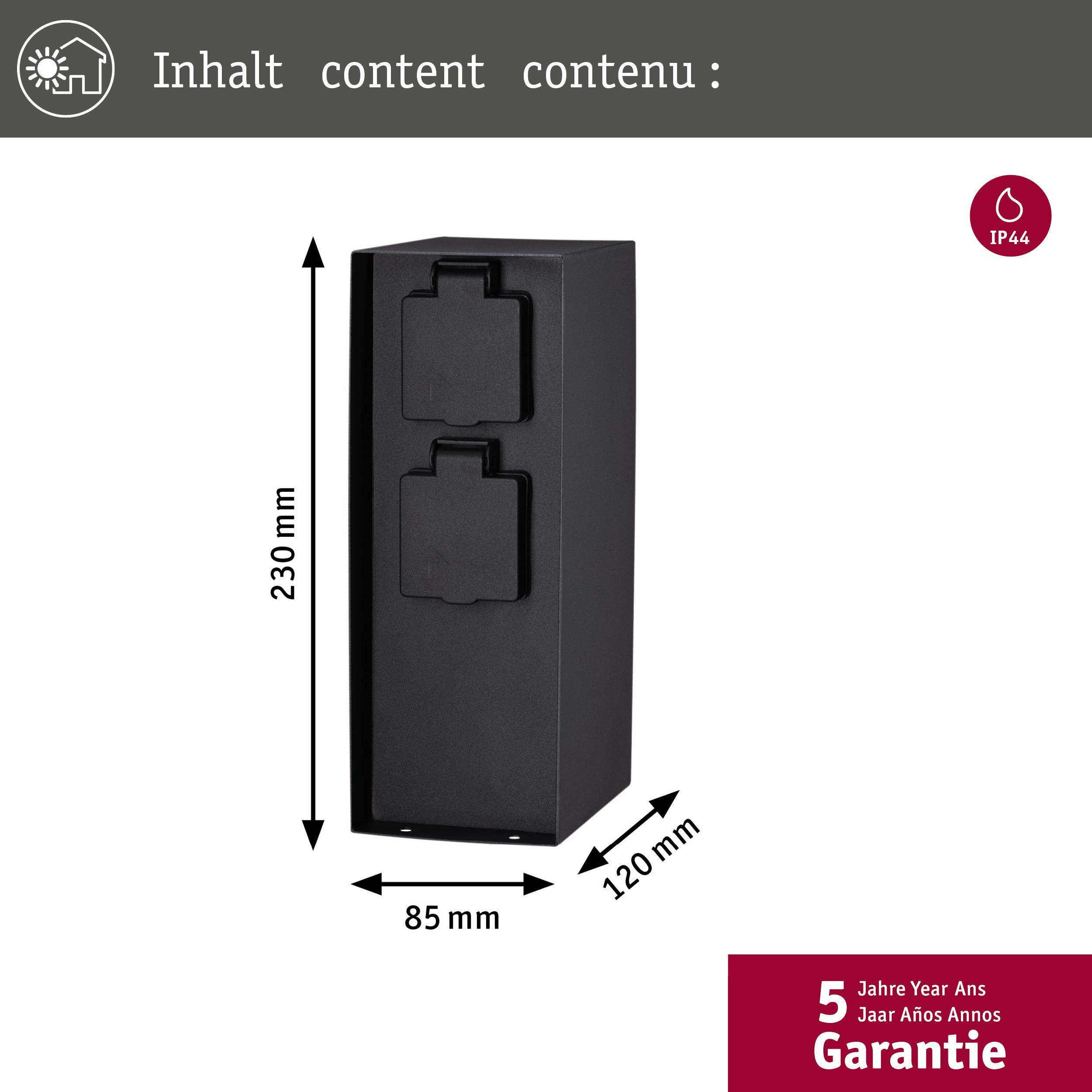 'Illustration av ett svart hölje med två täckta expansionsplatser. Mått: 230 mm högt, 85 mm brett, 120 mm djupt. Inklusive 5 års garanti.'