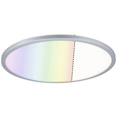 Rund LED-taklampa med färgskift. Till vänster visar den regnbågens färger, till höger ett enhetligt varmt vitt ljus.
