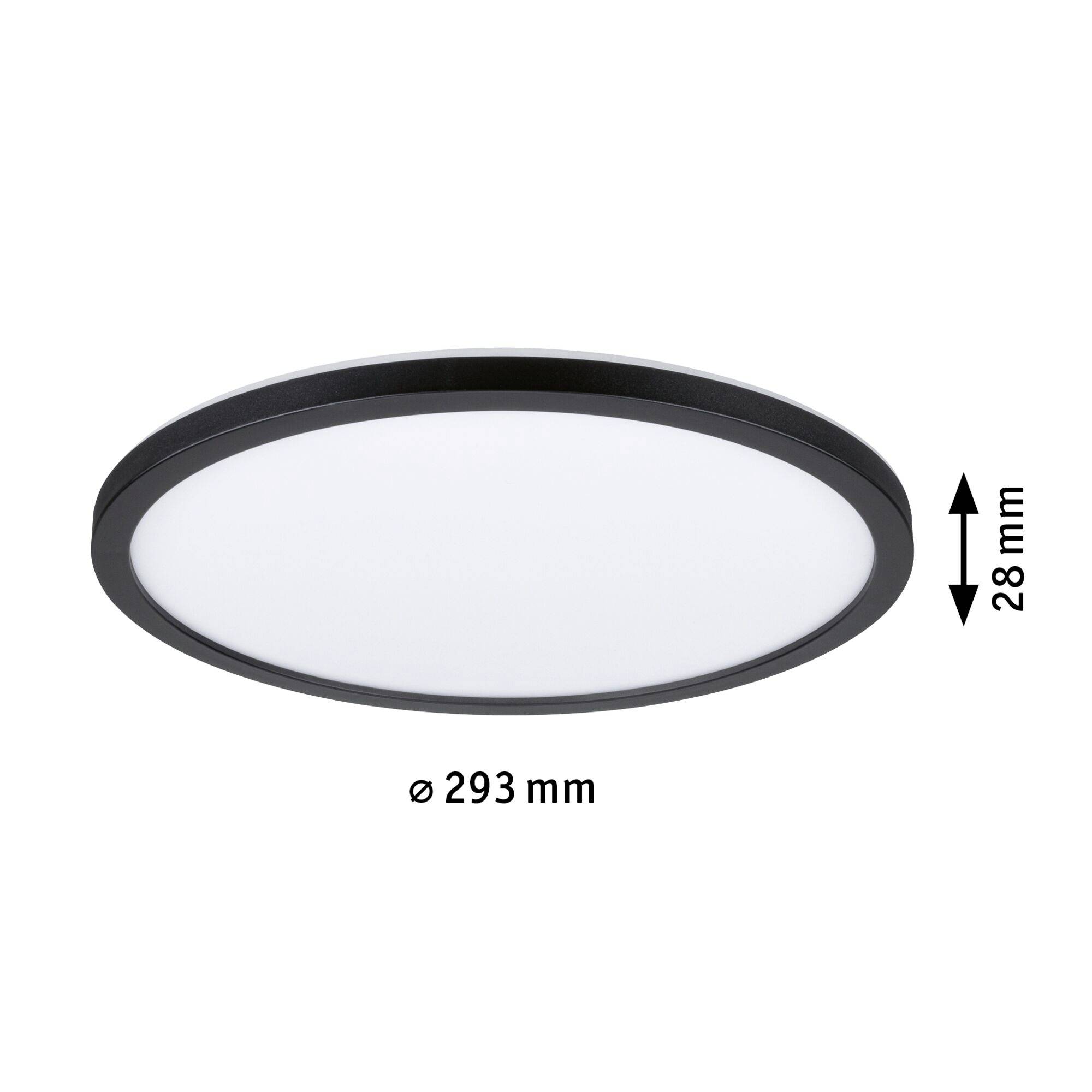 Rund taklampa i svart med vit kåpa, diameter 293 mm, höjd 28 mm, för modern inomhusbelysning.