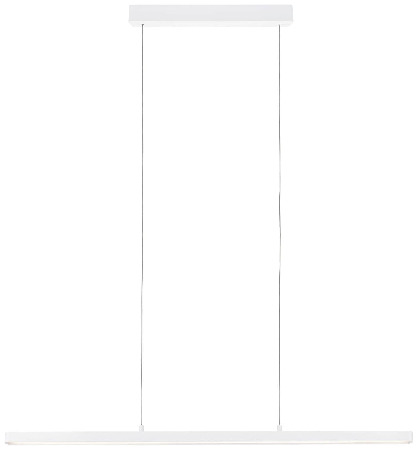 Vit, minimalistisk pendellampaa med två tunna kablar och en lång, smal ljuskropp, lämplig för modern inredning.