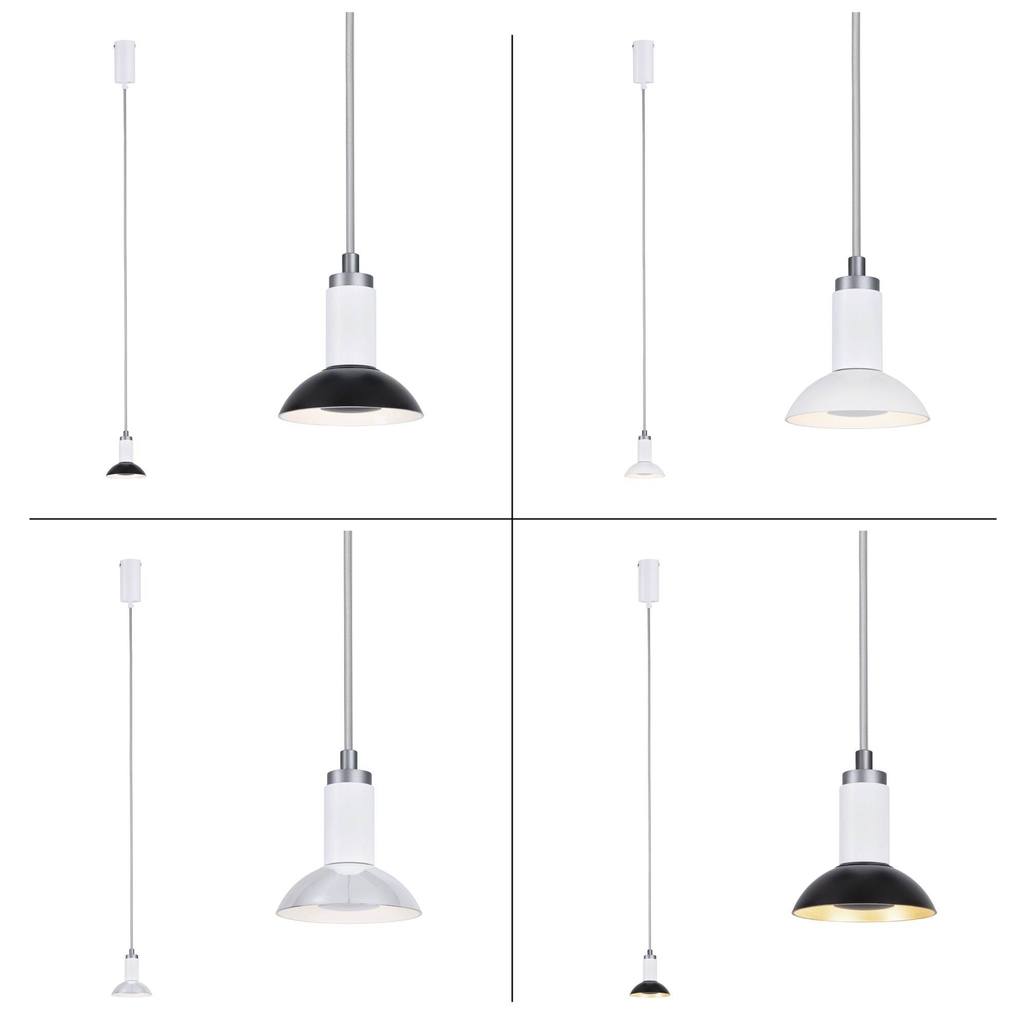 Fyra hängande lampor med olika design och färgvarianter; svart-vit och vit. Två bilder med varsin lampa överst och underst.