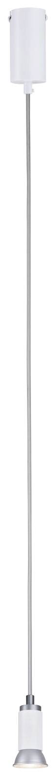 En lång, hängande vit pendellampа med en smal kabel och en enkel lampskärm nedtill.