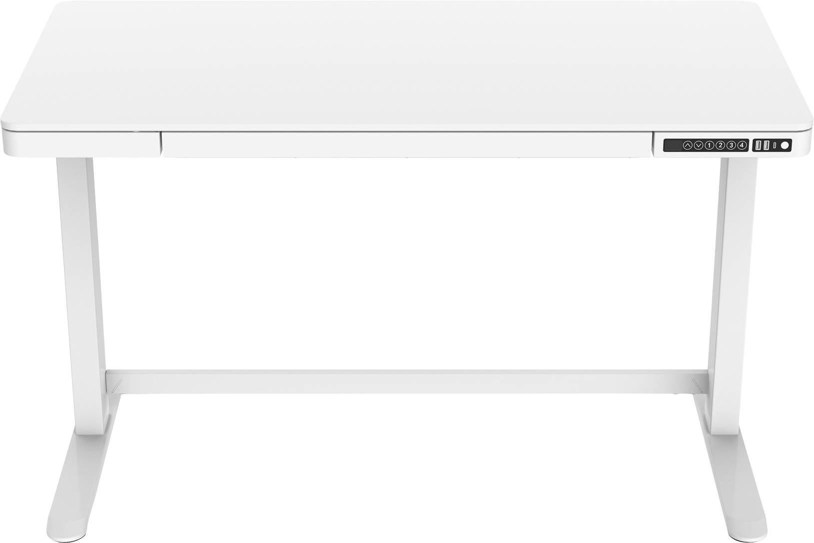Vit, höj- och sänkbar skrivbord med digital kontrollpanel på höger sida av bordsskivan.