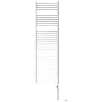 En vit, vertikal radiator med flera horisontella skenor. I nedre änden finns en temperaturregulator med kabel.