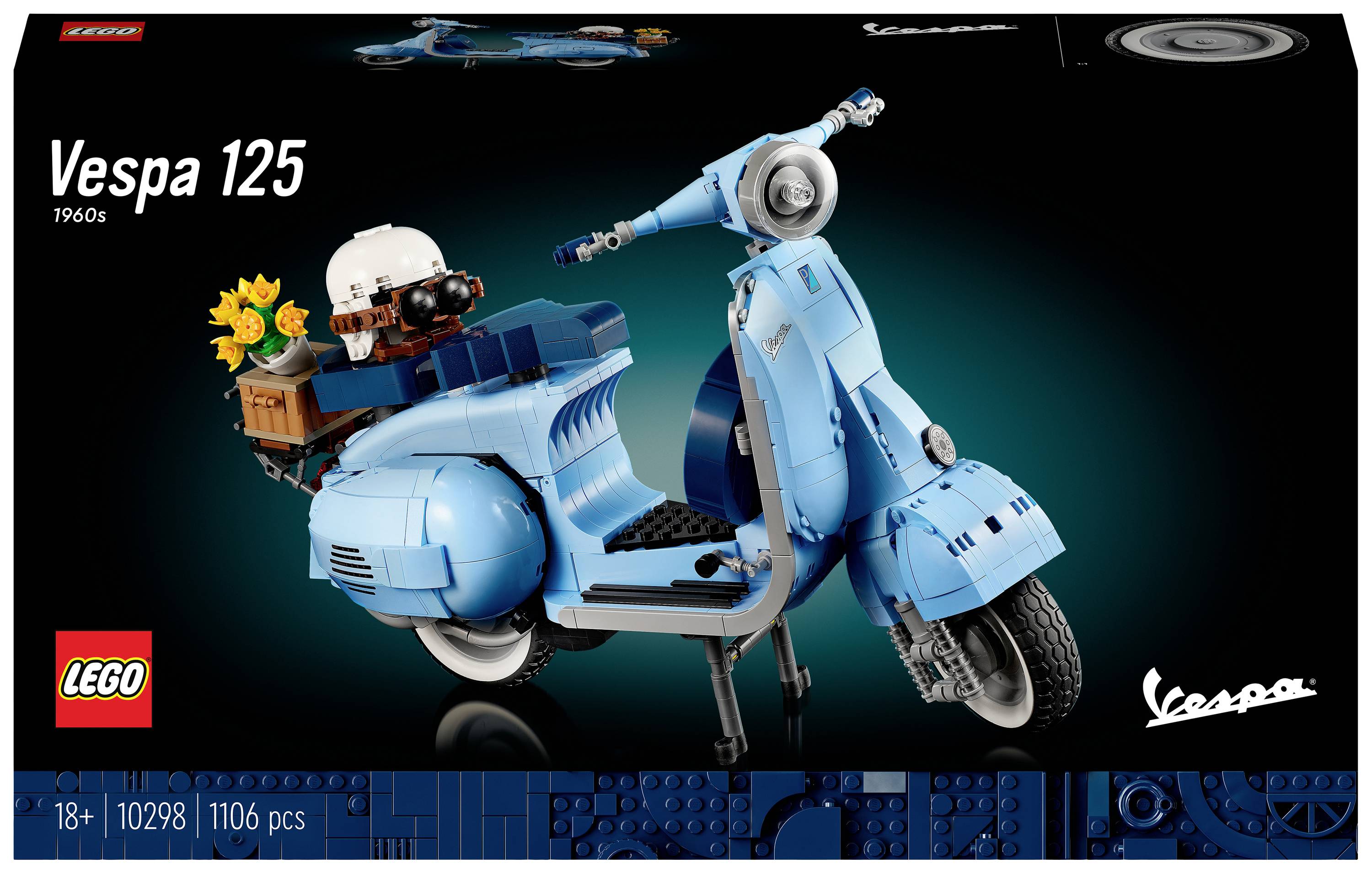 LEGO-set av en blå Vespa 125 från 1960-talet. Innehåller en hjälm och blommor på bagagehållaren, 1106 delar, för 18+.