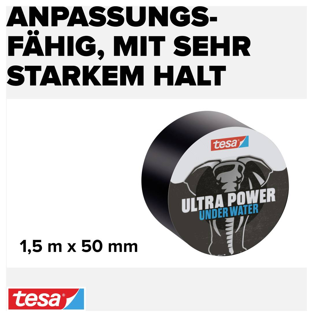 'Anpassningsbar, med mycket starkt fäste', Tesa Ultra Power Under Water Tape, 1,5 m x 50 mm, på grå bakgrund.